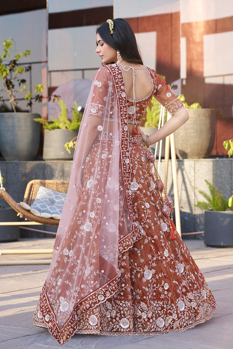 Monjolika Fashion Dark Orange Embroidered Silk Engagement A Line Lehenga Choli