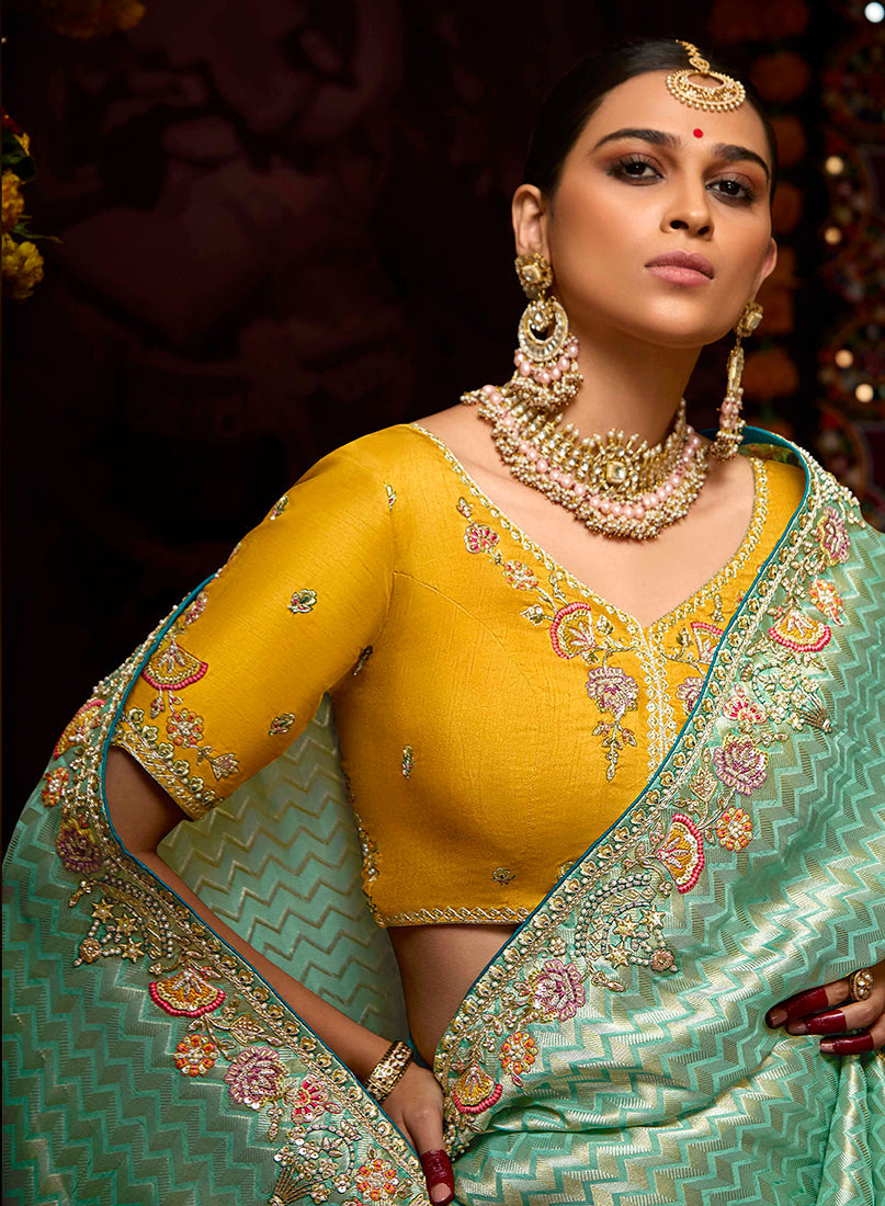 Monjolika Fashion Aqua Blue Kanjivaram Silk Sangeet Classic Saree