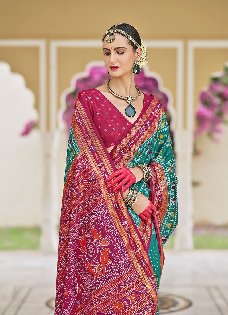 Monjolika Fashion Silk Foil Print Classic Saree In Turquoise