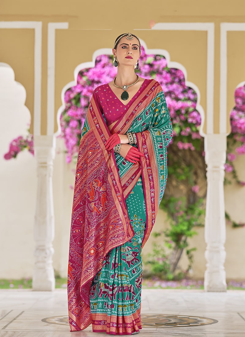 Monjolika Fashion Silk Foil Print Classic Saree In Turquoise