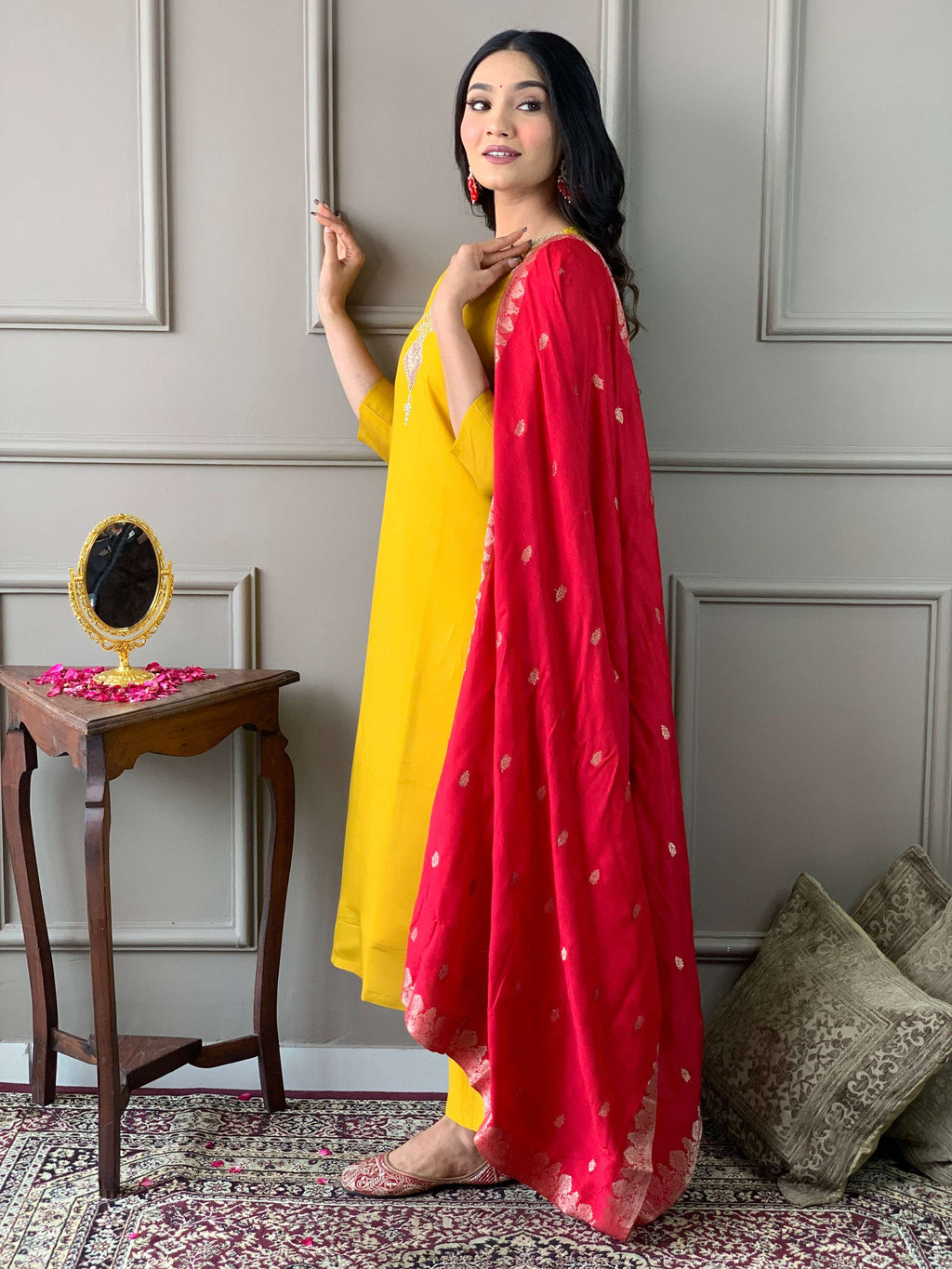 The52 Mustard Embroidered Chanderi Fabric Straight Kurta, Pant and Dupatta Set