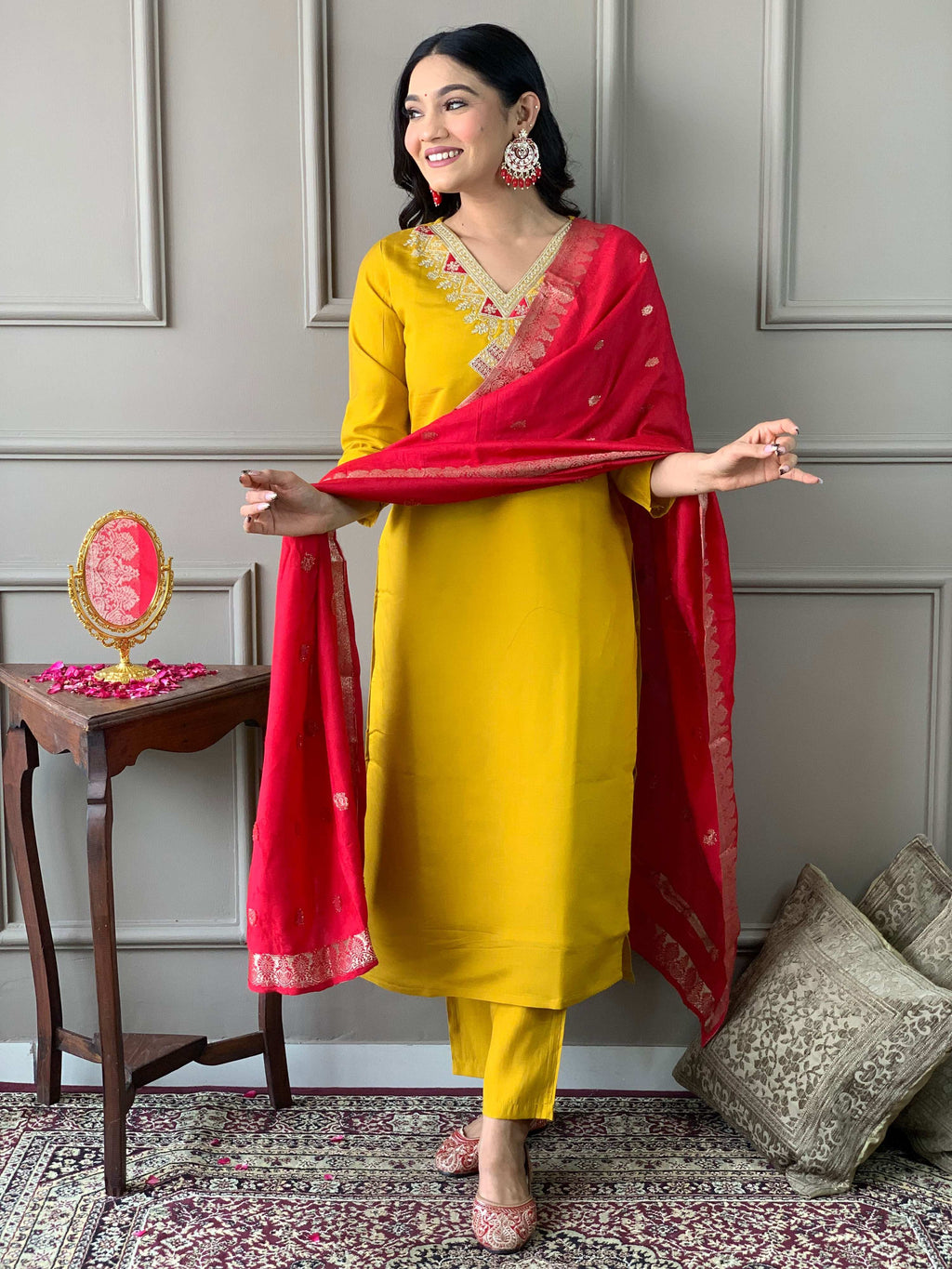 The52 Mustard Embroidered Chanderi Fabric Straight Kurta, Pant and Dupatta Set
