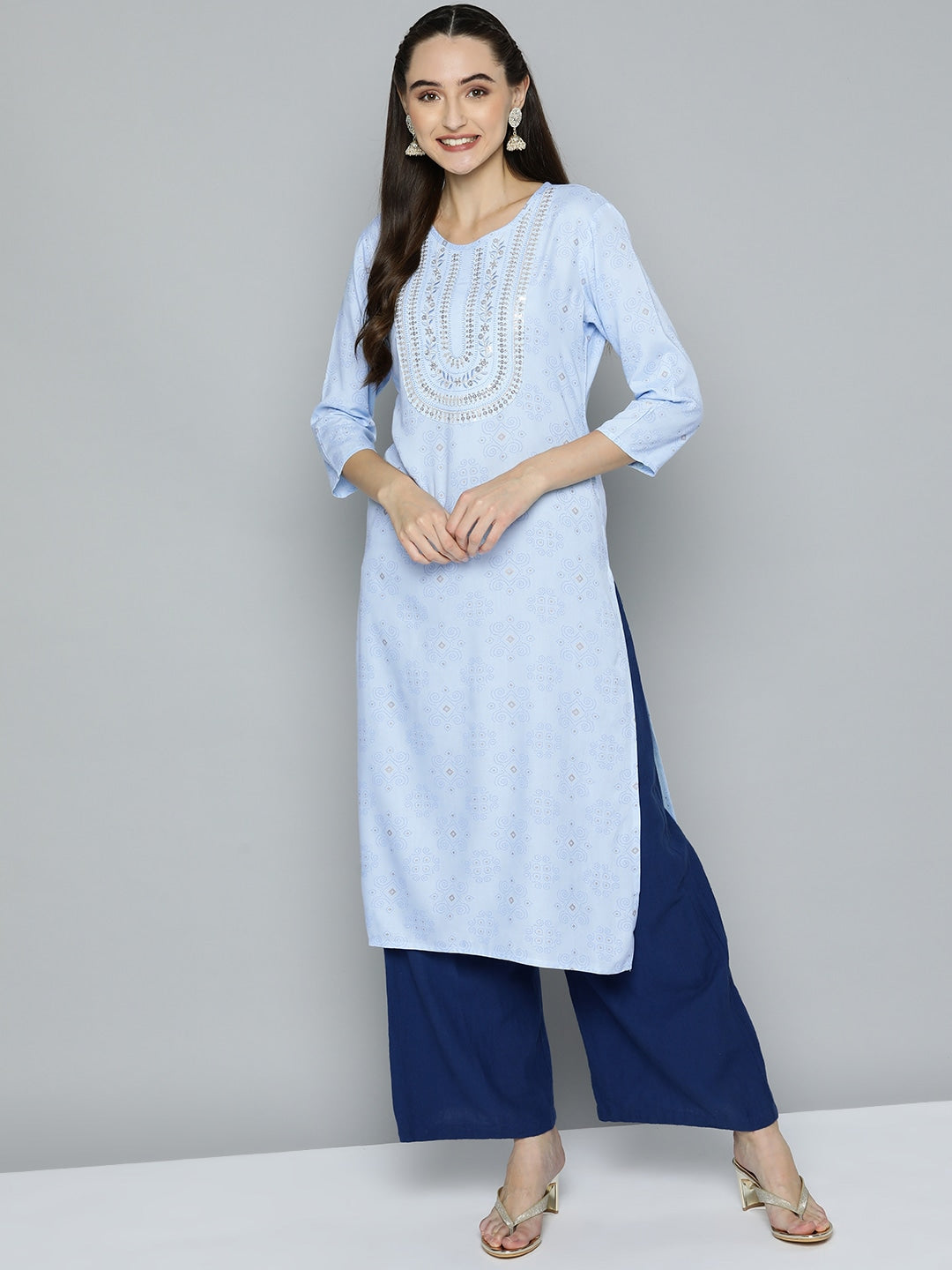 HERE&NOW Women Blue Ethnic Motifs Printed Embroidered Sequin Detail Kurta
