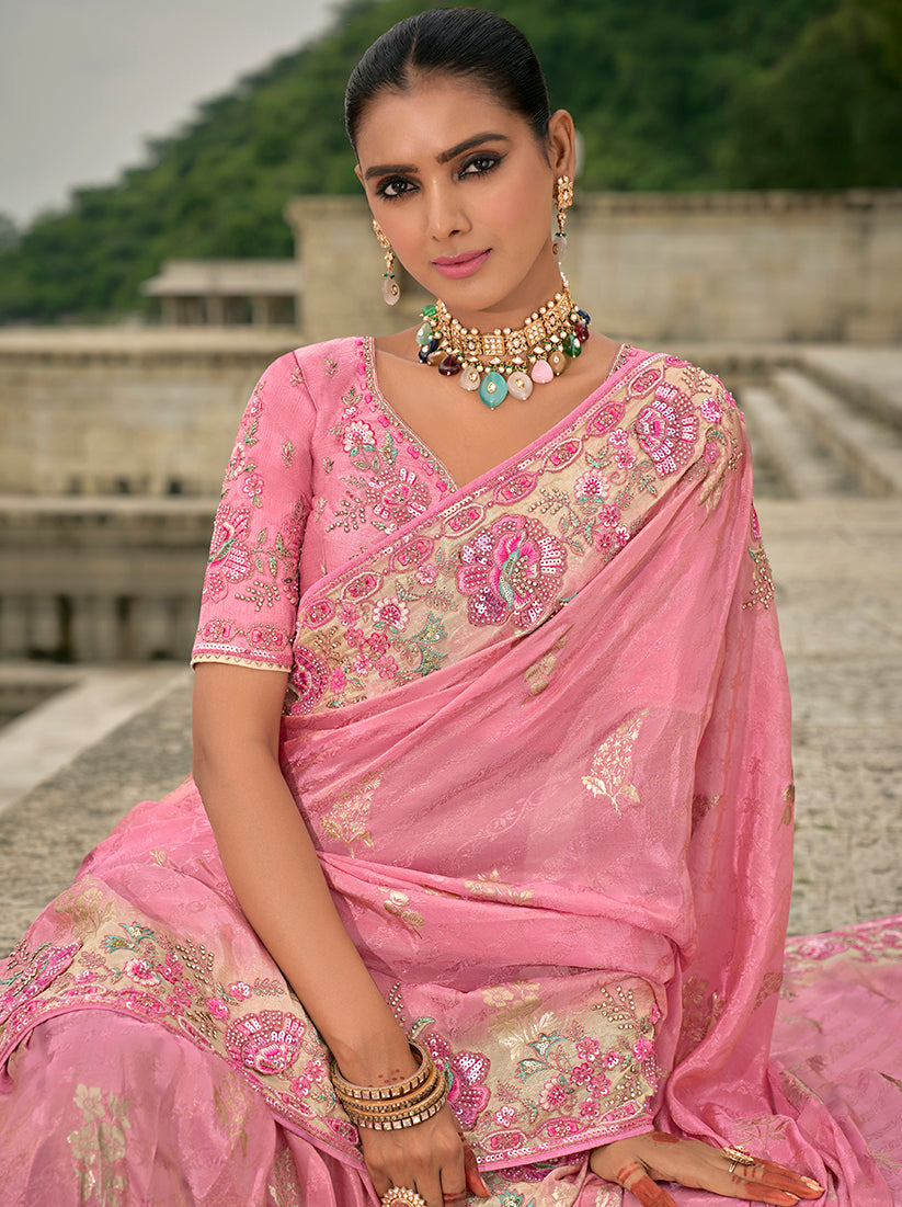 Monjolika Fashion Pink Color Banarasi Silk Blend Sequin Embroidered With Heavy Patchwork Border Saree
