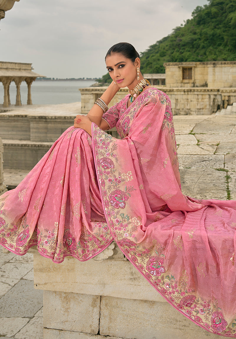 Monjolika Fashion Pink Color Banarasi Silk Blend Sequin Embroidered With Heavy Patchwork Border Saree