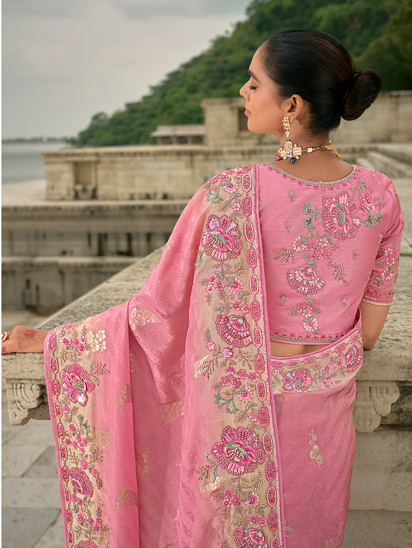 Monjolika Fashion Pink Color Banarasi Silk Blend Sequin Embroidered With Heavy Patchwork Border Saree