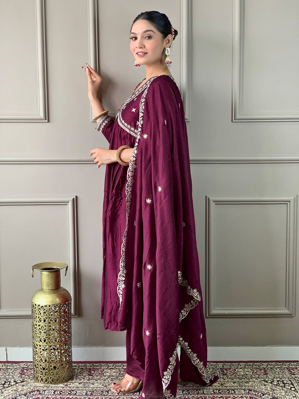 The52 Embroidered Vichitra Silk Fabric Straight Kurta, Pant and Dupatta Set