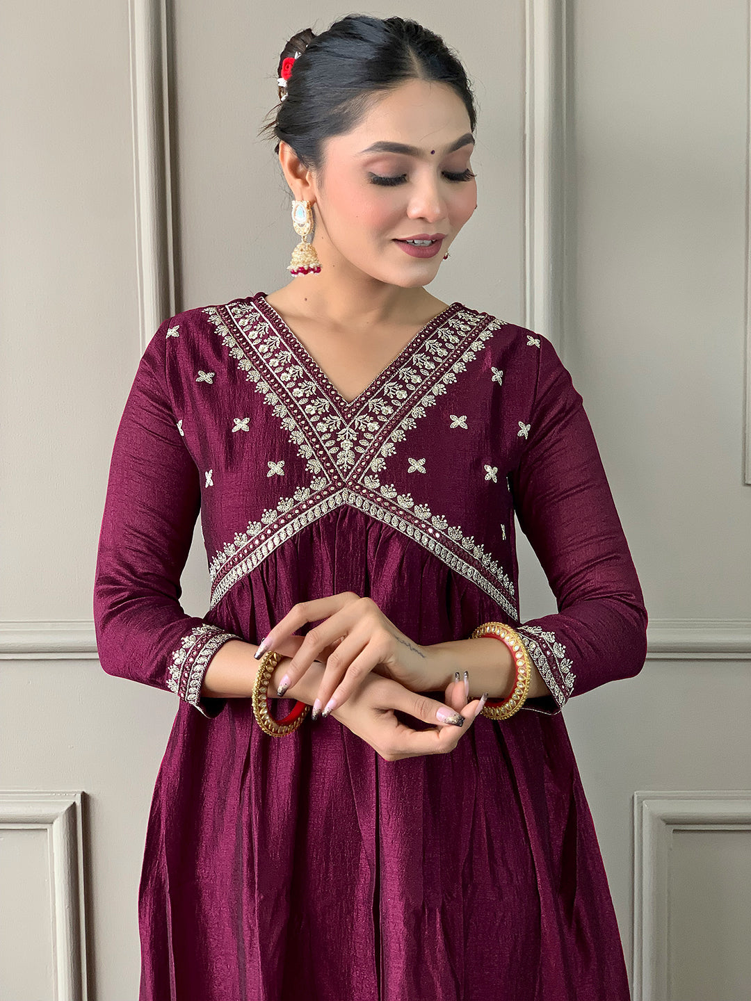 The52 Embroidered Vichitra Silk Fabric Straight Kurta, Pant and Dupatta Set
