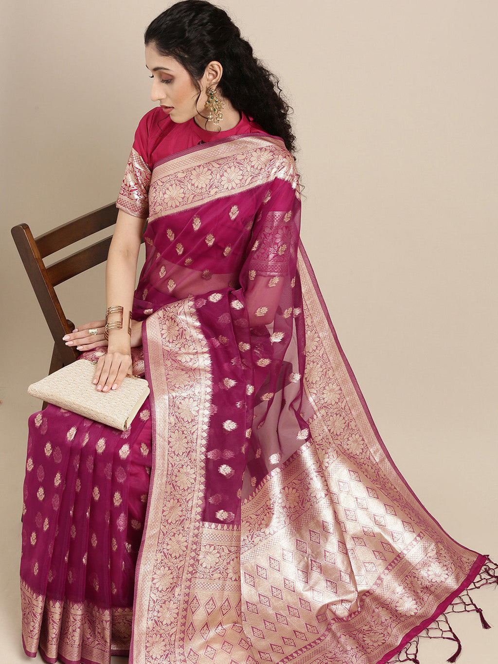 Saree Mall Magenta Ethnic Motifs Zari Organza Banarasi Saree