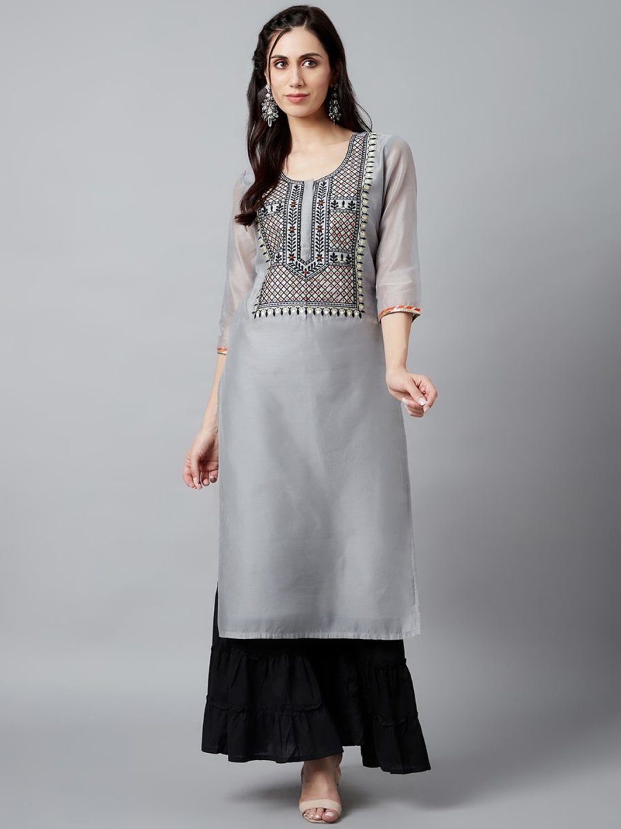 Aks Ethnic Motifs Yoke Design Thread Work Chanderi Silk Kurta