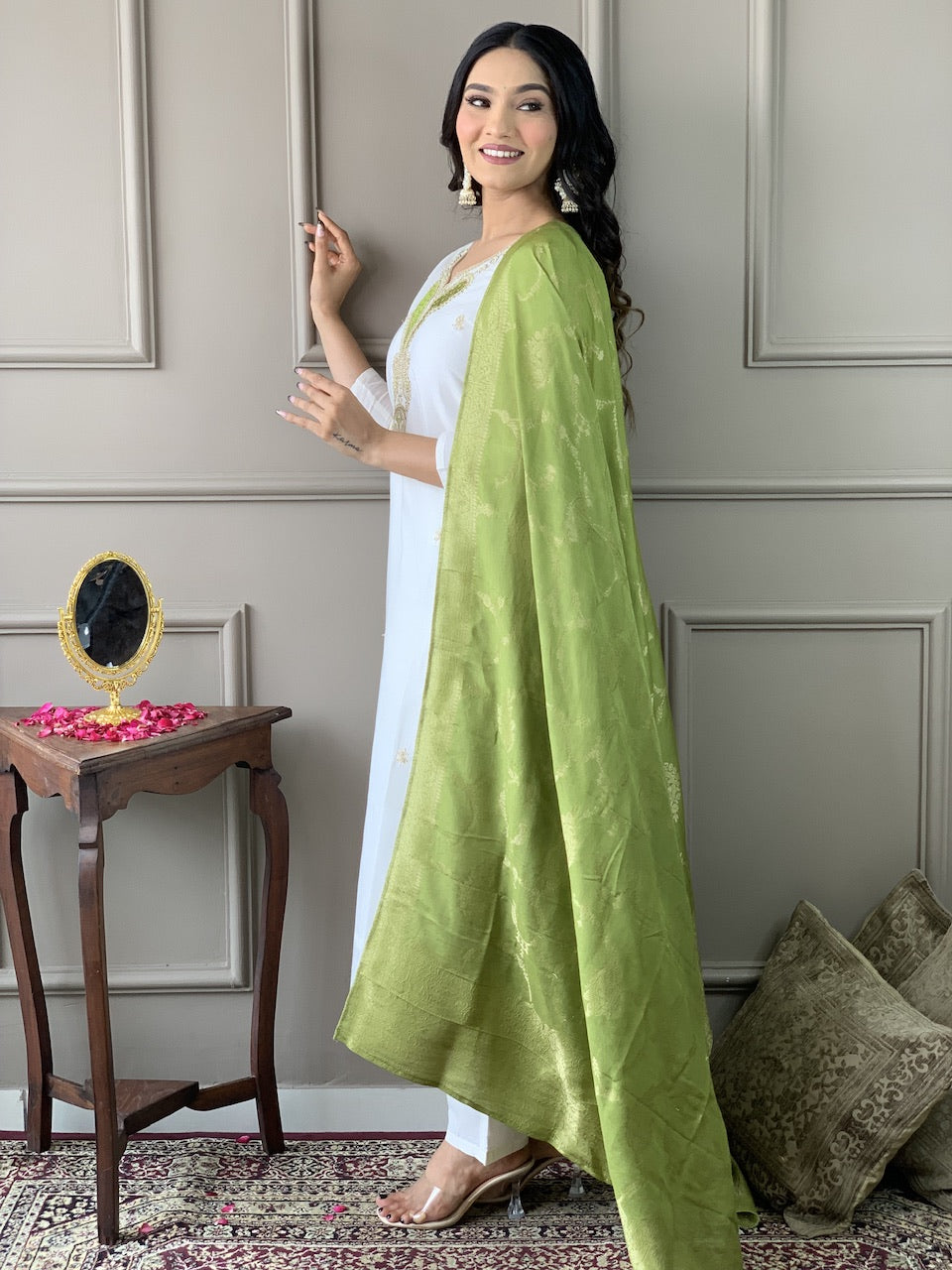The52 White Embroidered Viscose Blend Fabric Straight Kurta, Pant and Dupatta Set