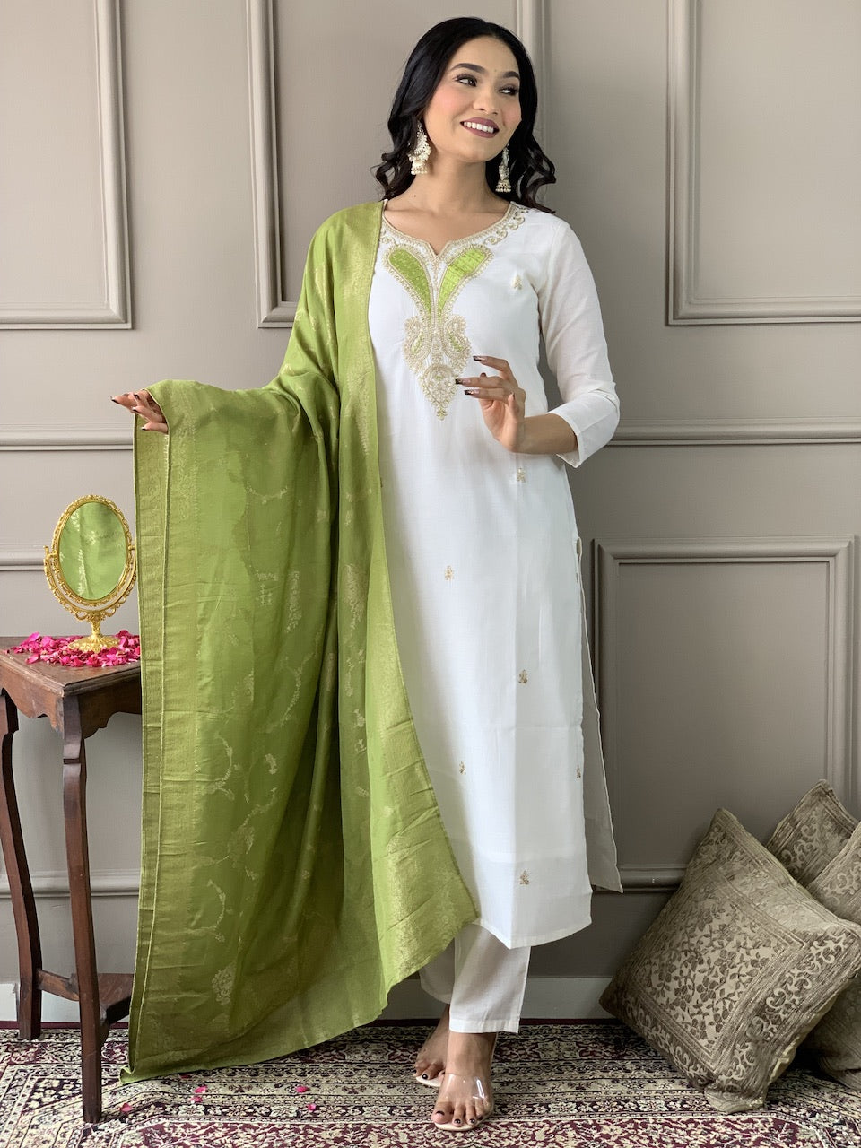 The52 White Embroidered Viscose Blend Fabric Straight Kurta, Pant and Dupatta Set