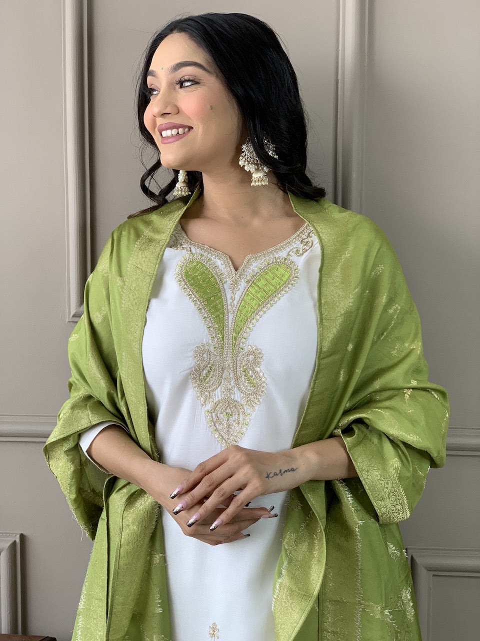 The52 White Embroidered Viscose Blend Fabric Straight Kurta, Pant and Dupatta Set