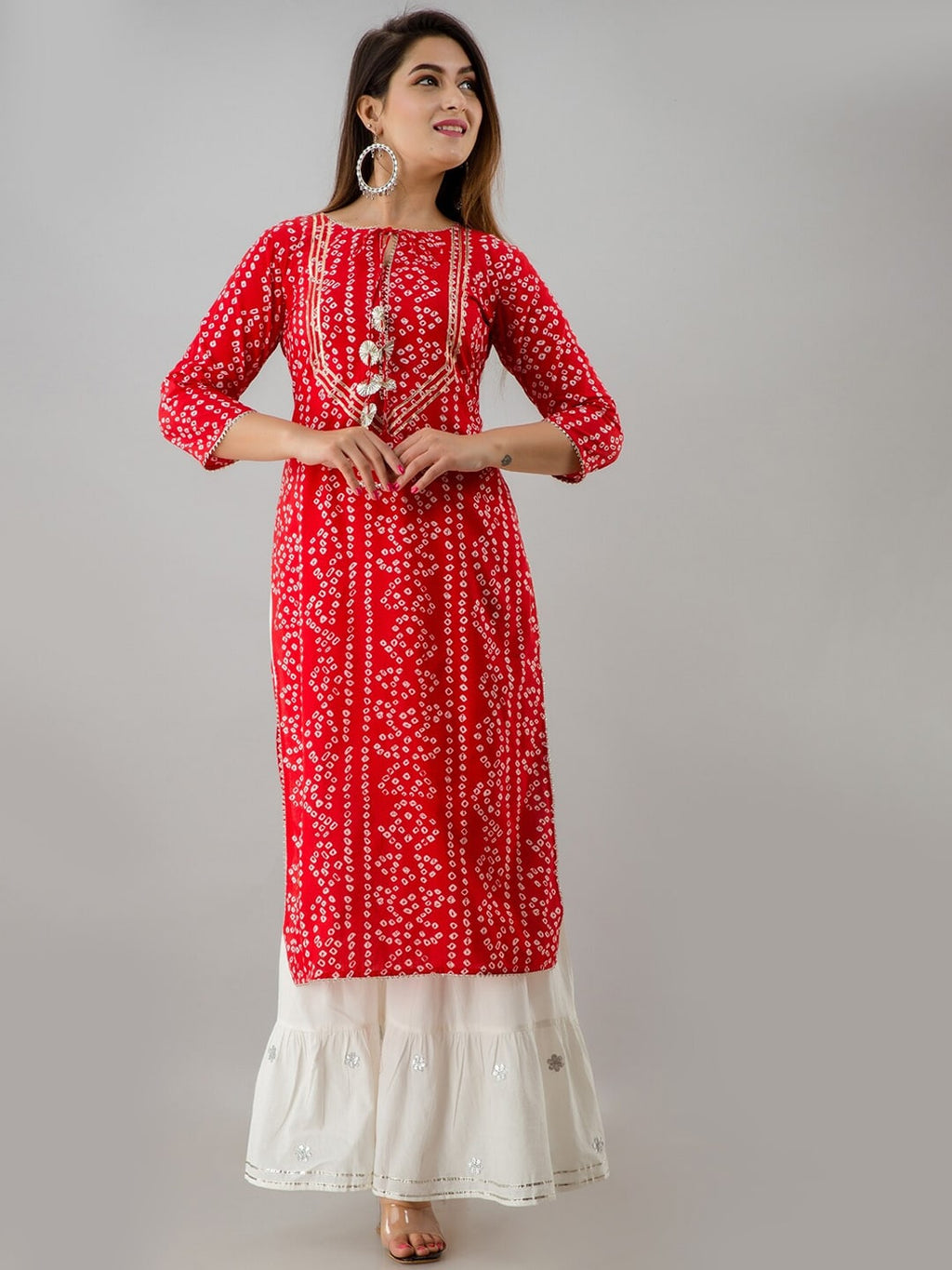 HERE&NOW Red & Gold-Toned Bandhani Printed Gotta Patti Kurta with Sharara