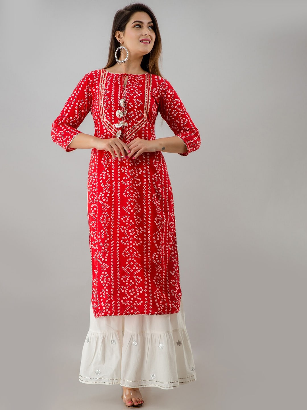 HERE&NOW Red & Gold-Toned Bandhani Printed Gotta Patti Kurta with Sharara