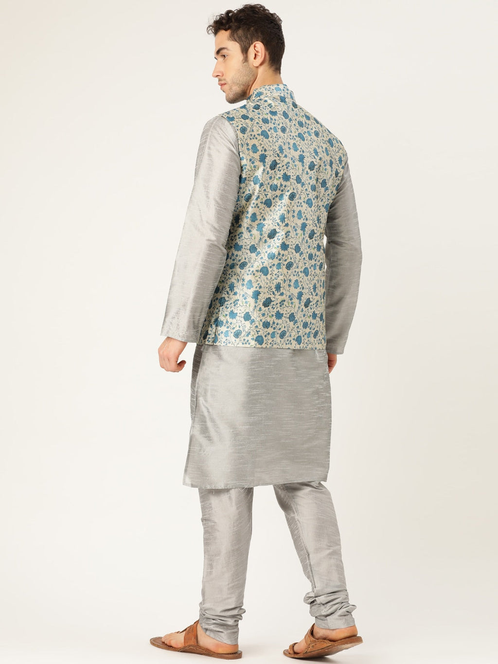 Sojanya Men Grey & Blue Solid Kurta Set with Nehru Jacket