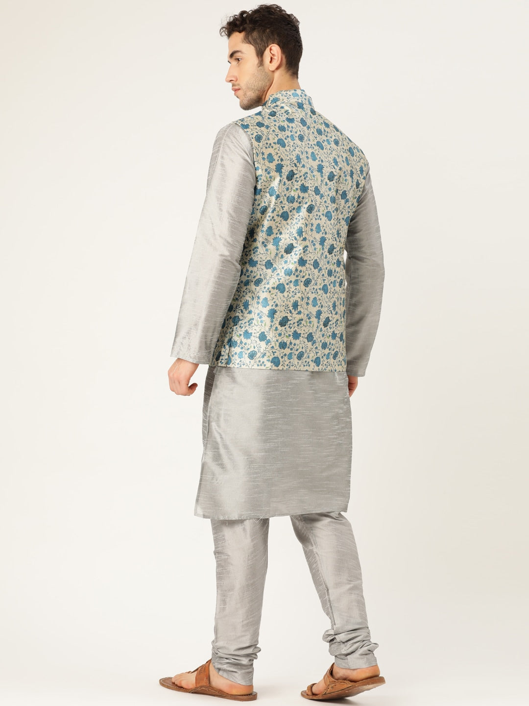 Sojanya Men Grey & Blue Solid Kurta Set with Nehru Jacket