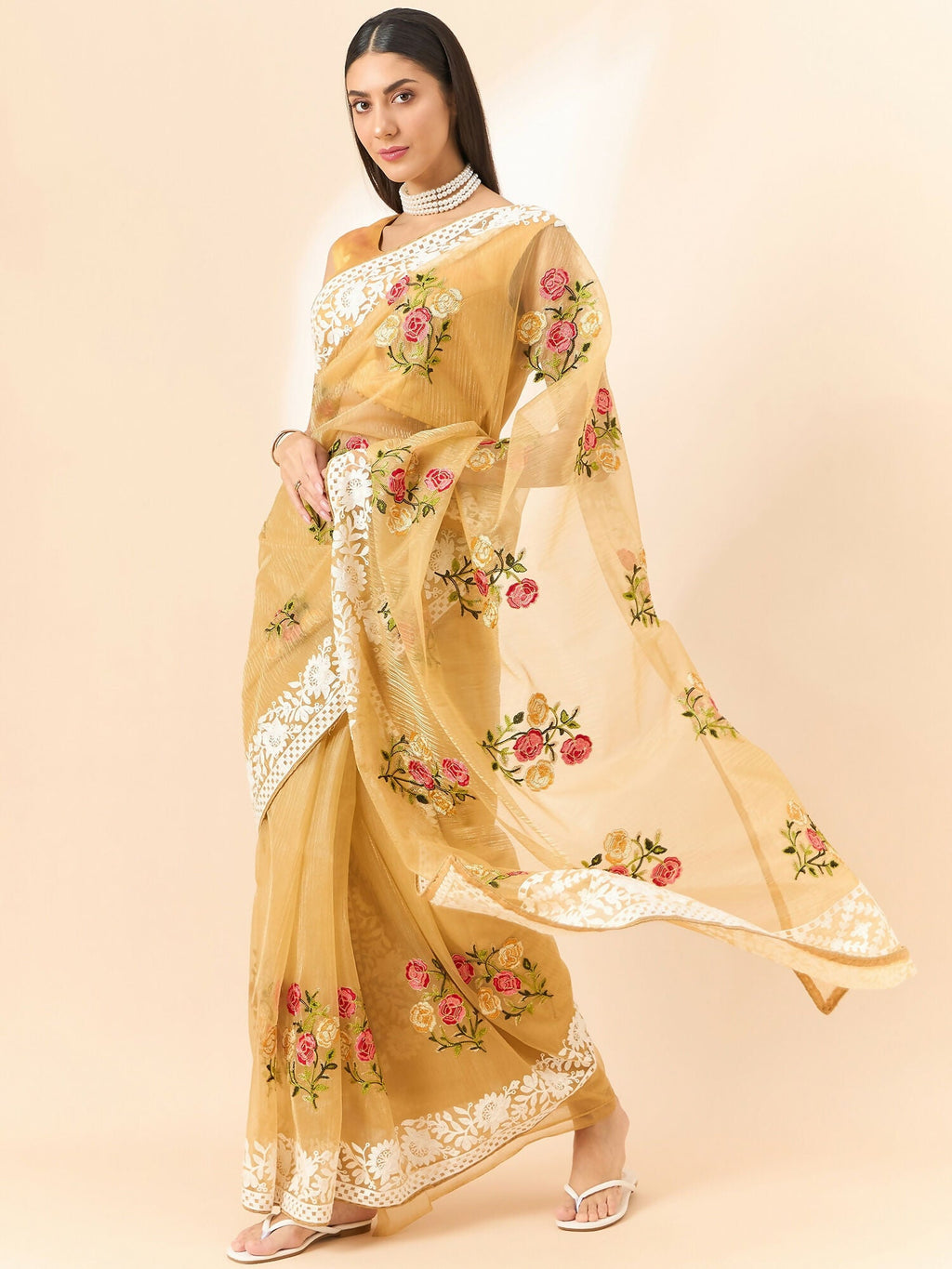 Beige Organza Floral Embroidered Saree with Unstitched Blouse Piece - Roozal
