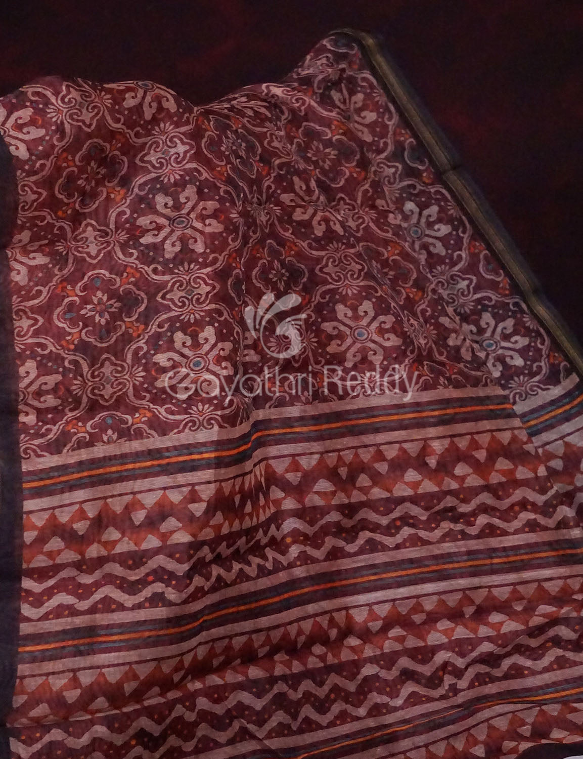 Wine Colored Floral Design Semi Chanderi Saree By Gayathri Reddy Designer Studio