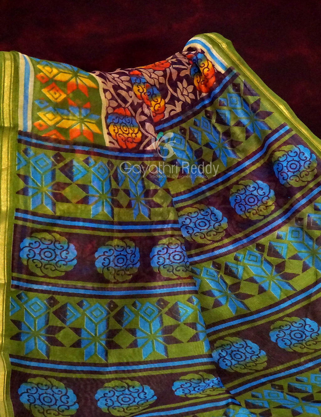 Shades of Dark Wine With Leaf Green Blouse Creeper Design Semi Chanderi Saree By Gayathri Reddy Designer Studio