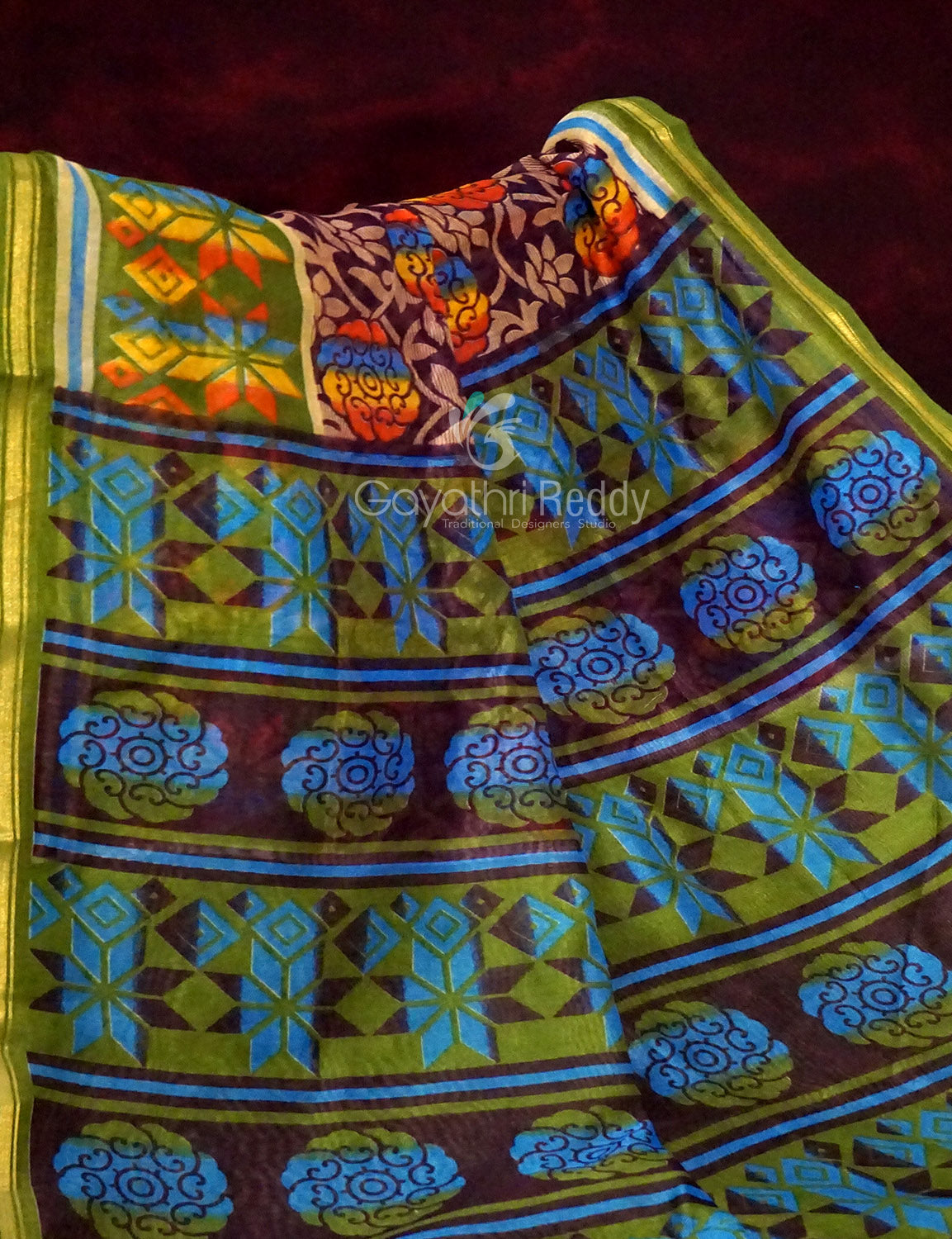Shades of Dark Wine With Leaf Green Blouse Creeper Design Semi Chanderi Saree By Gayathri Reddy Designer Studio