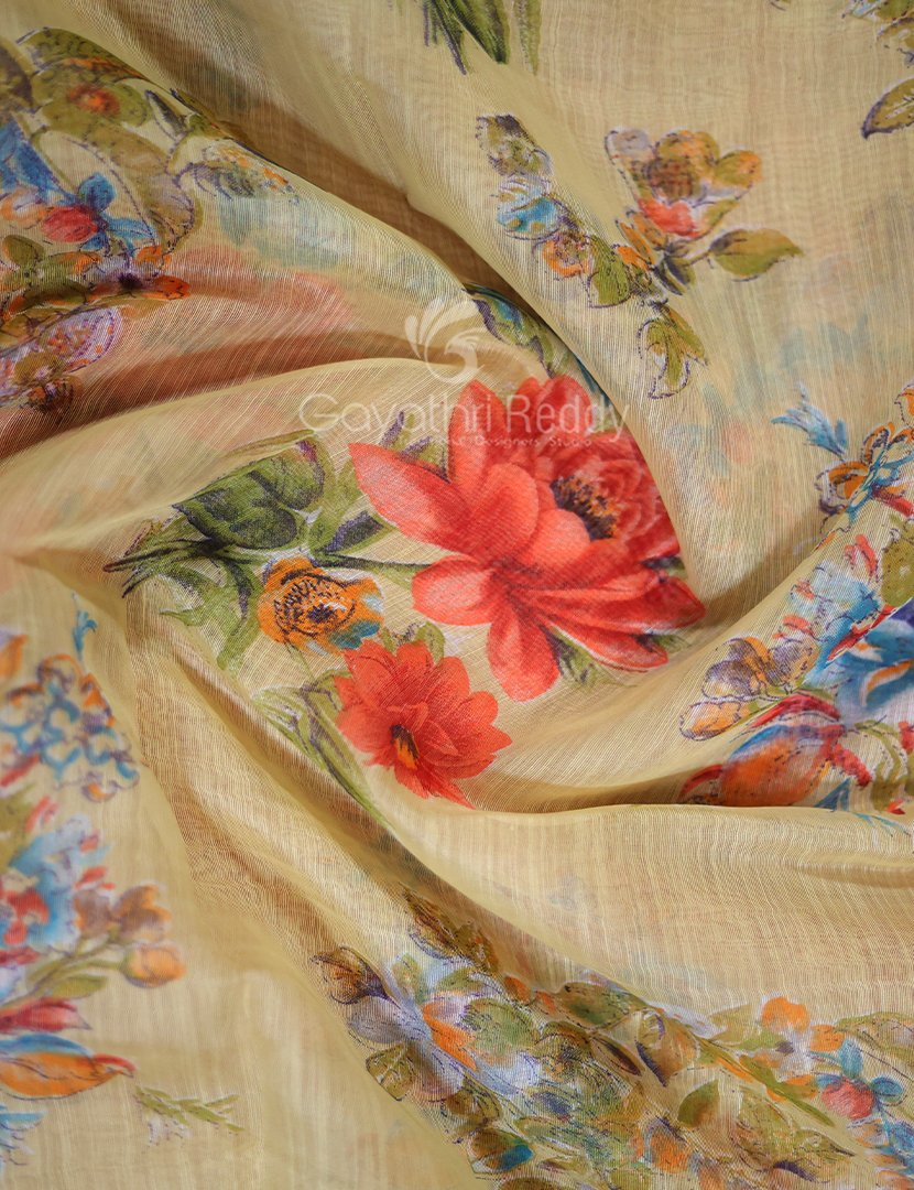 Shades of Light Dry Mehendi With Floral Print Semi Chanderi Saree By Gayathri Reddy Designer Studio