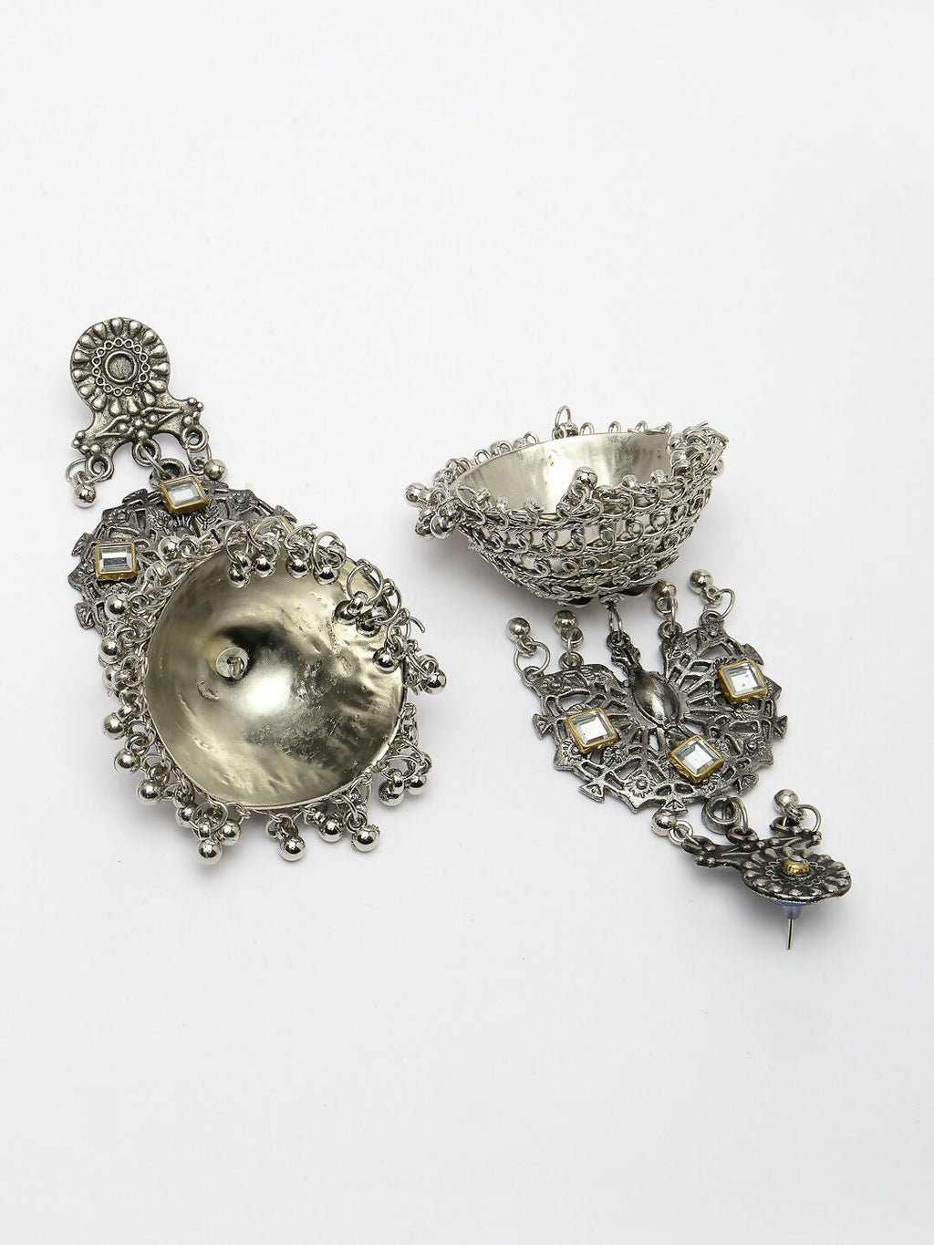 NVR Women's Silver Plated Mirror Work Oxidised Contemporary Jhumka Earrings