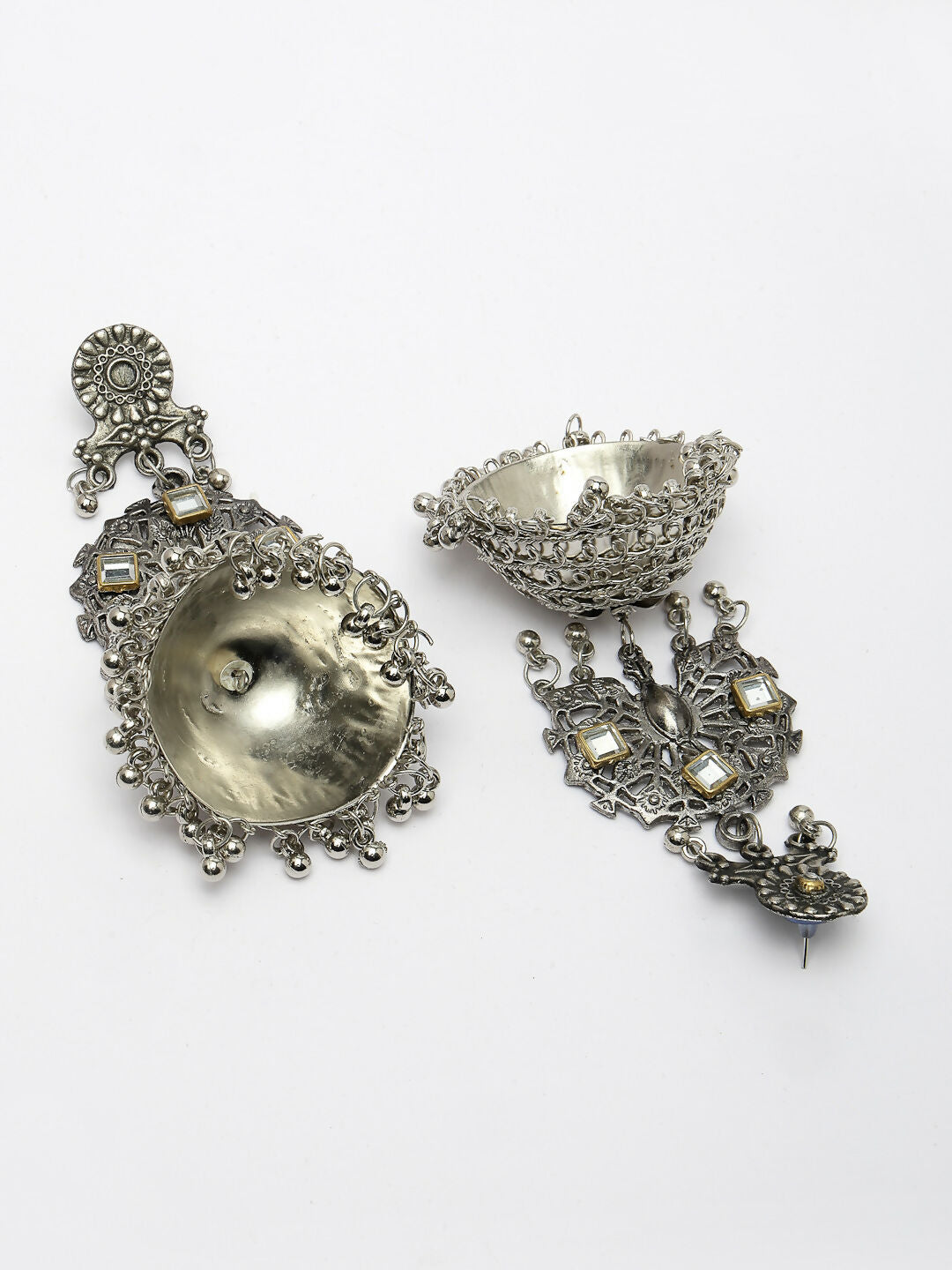 NVR Women's Silver Plated Mirror Work Oxidised Contemporary Jhumka Earrings