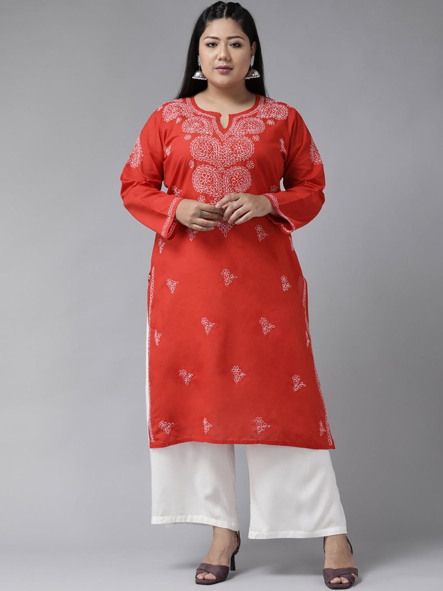 ADA Women Plus Size Red & White Ethnic Motifs Pure Cotton Chikankari Embroidered Kurta