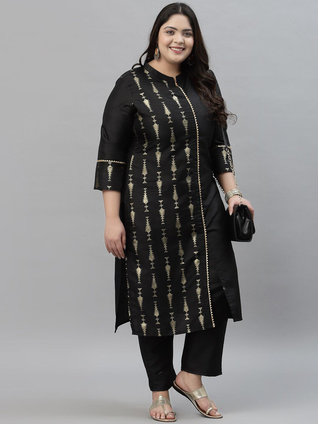 Sztori Plus Size Ethnic Motifs Printed Mandarin Collar Straight Kurta with Trousers