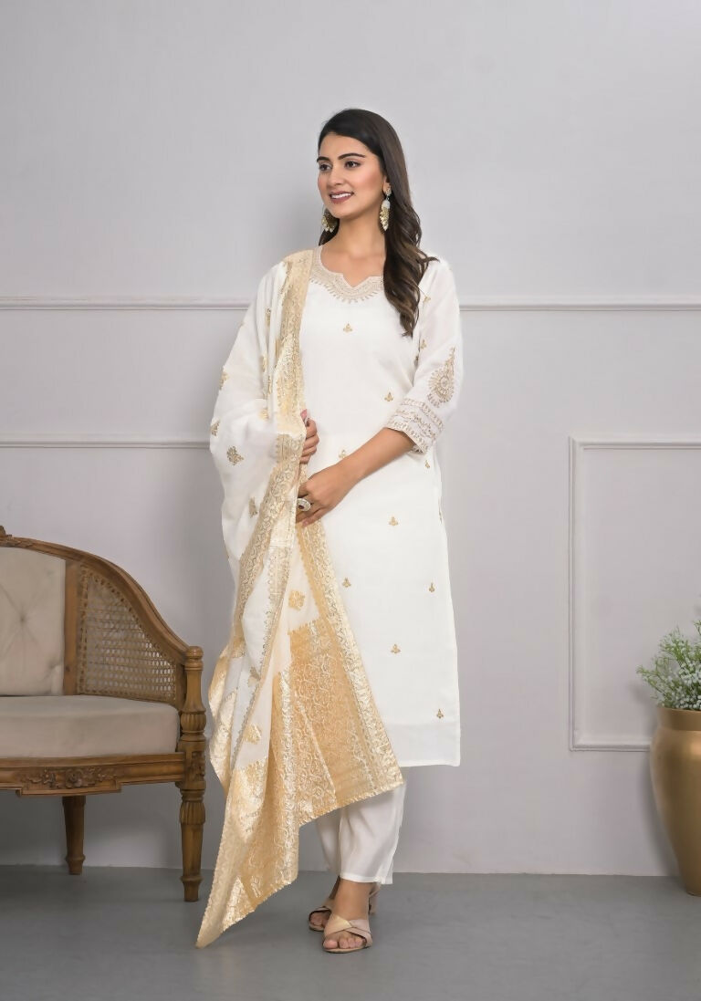 White Viscose Silk Embroidery with Thread and sequence Stitched Suit With Dupatta - Tanisha