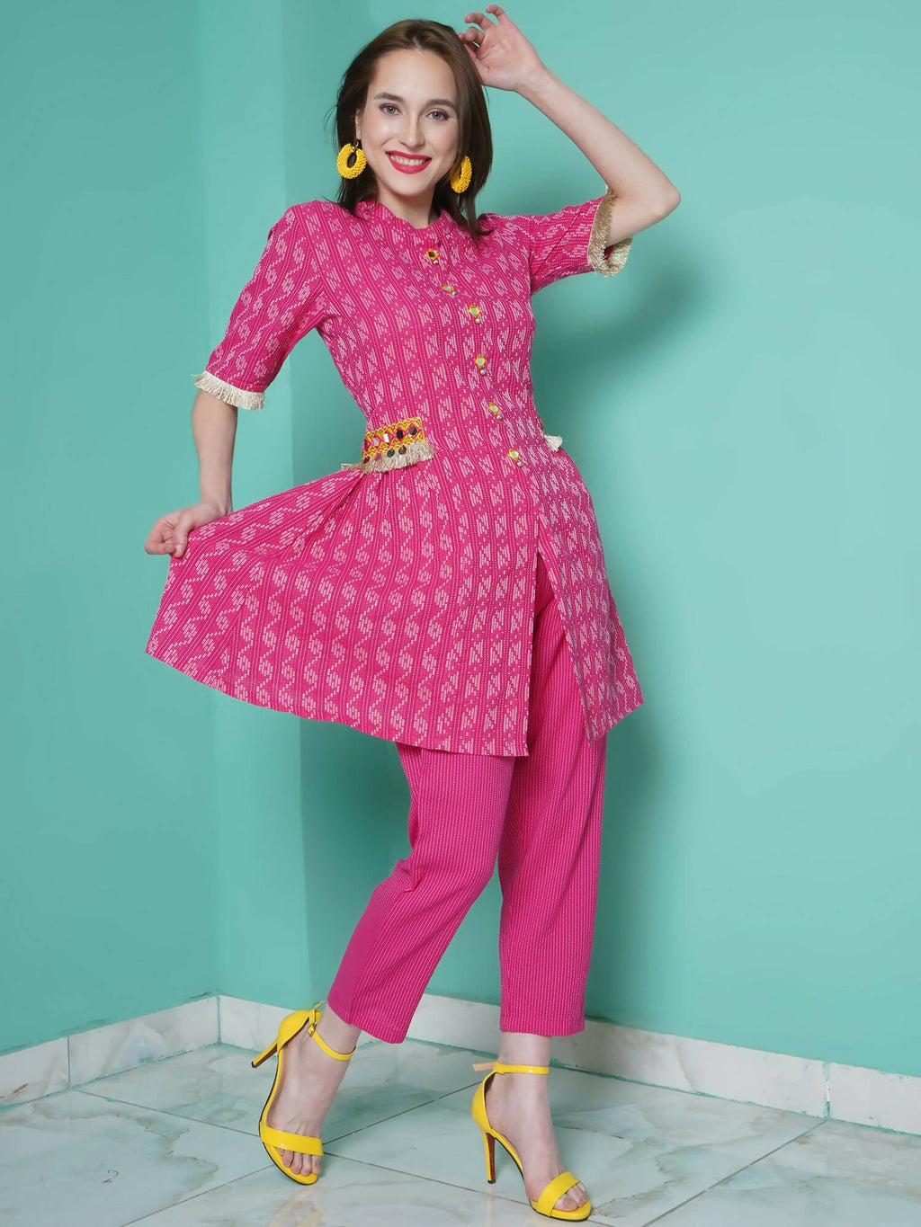 Women Republic Pink Cotton Kantha Kurta Set