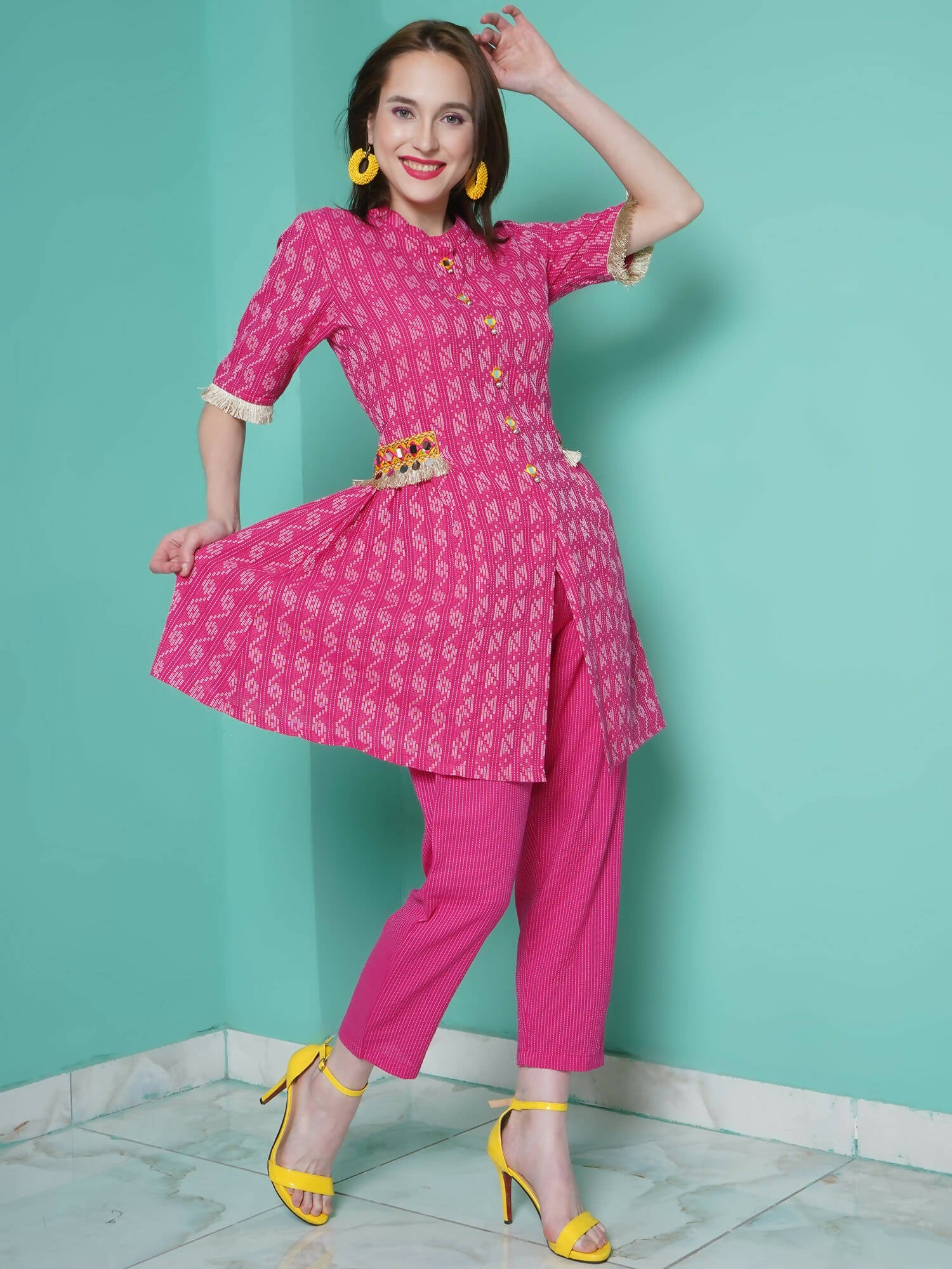 Women Republic Pink Cotton Kantha Kurta Set