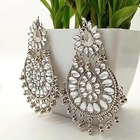 Tehzeeb Creations Women's Silver Colour Earrings With Kundan And Ghungroo Work