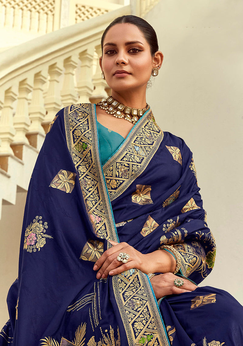 Monjolika Fashion Silk Blend Weaving Navy Blue Traditional Saree