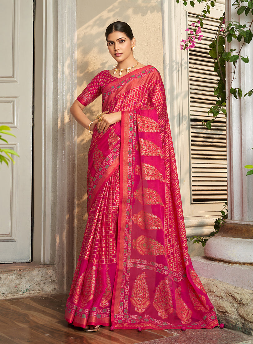 Monjolika Fashion Georgette Printed Rani Pink Classic Saree