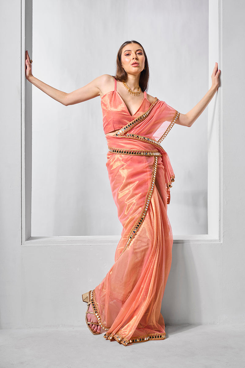 Monjolika Fashion Peach Gold Tissue Net Fancy Party Wear Saree