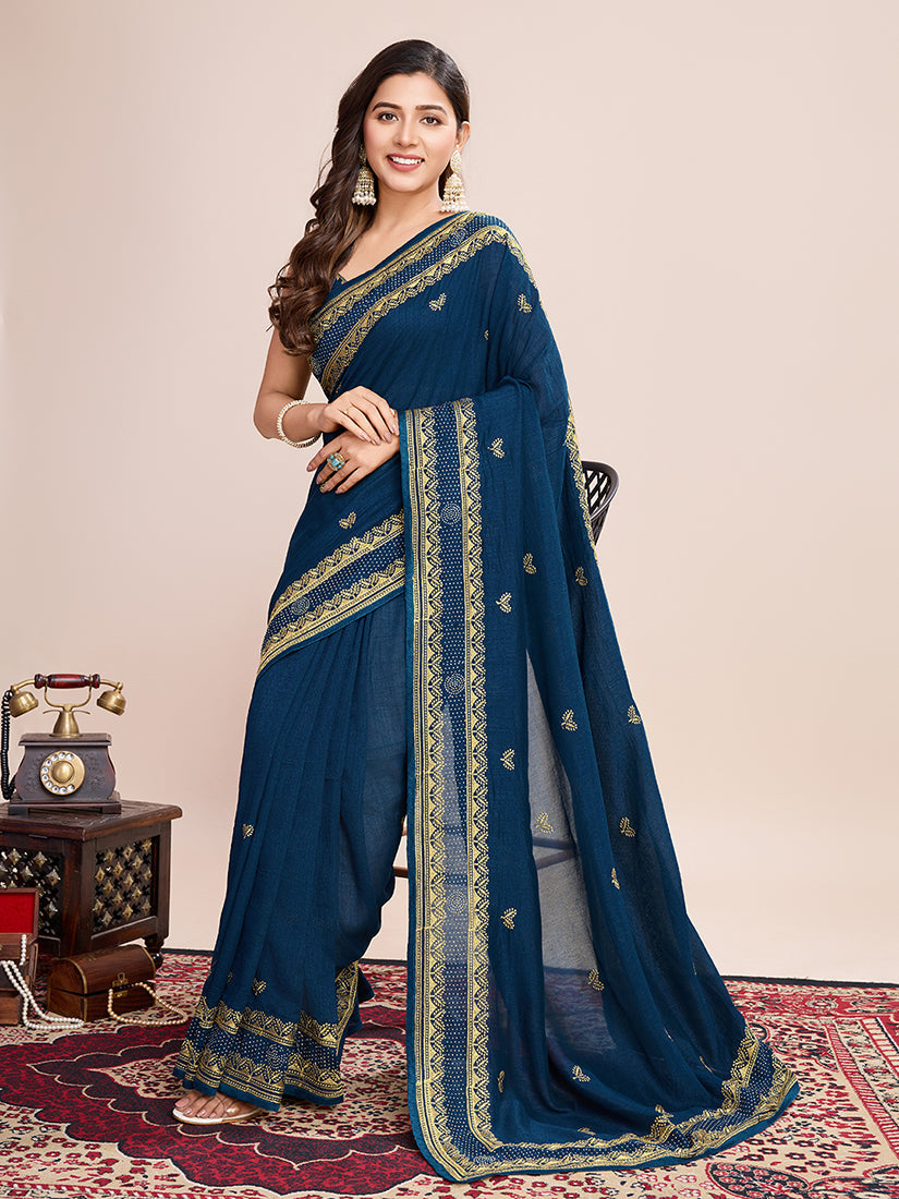 Monjolika Fashion Teal Blue Vichitra Silk Classic Saree with Embroidered Work