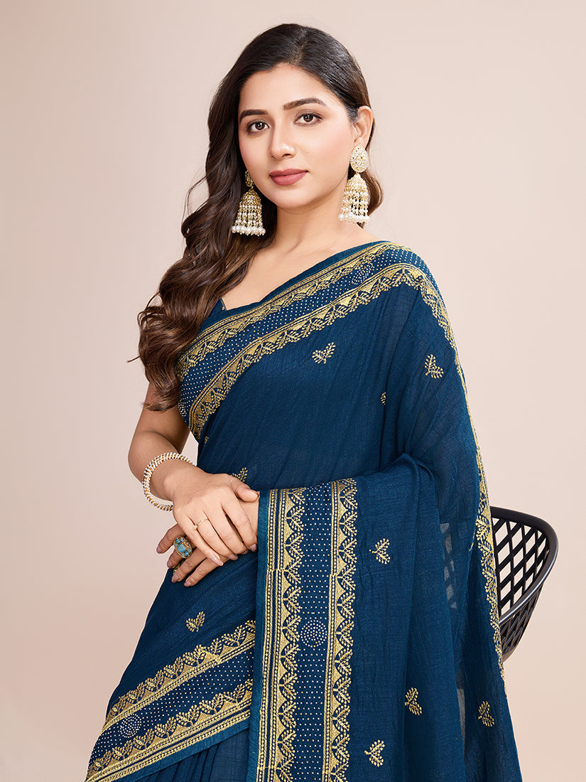 Monjolika Fashion Teal Blue Vichitra Silk Classic Saree with Embroidered Work
