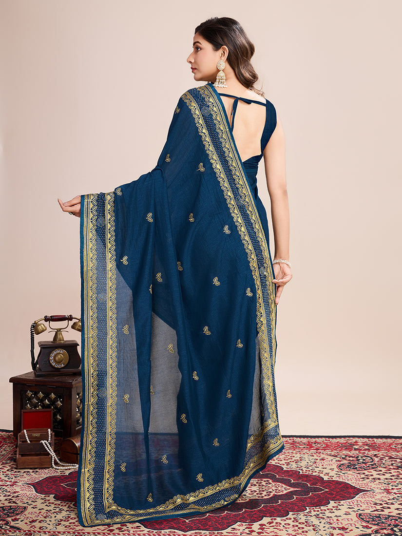 Monjolika Fashion Teal Blue Vichitra Silk Classic Saree with Embroidered Work