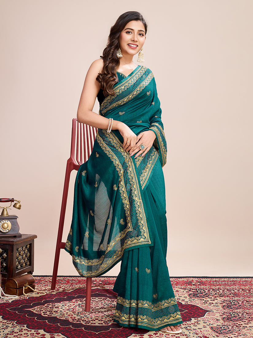 Monjolika Fashion Rama Vichitra Silk Classic Saree with Embroidered Work