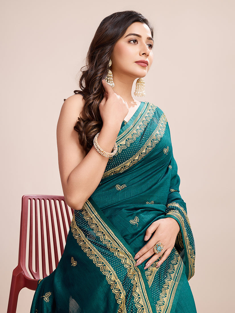 Monjolika Fashion Rama Vichitra Silk Classic Saree with Embroidered Work