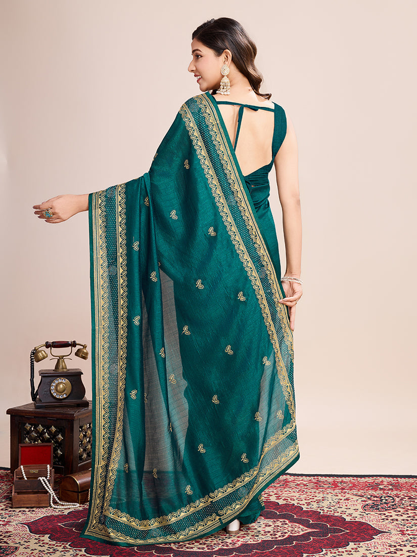 Monjolika Fashion Rama Vichitra Silk Classic Saree with Embroidered Work