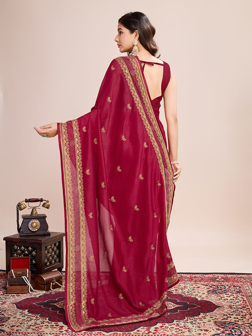 Monjolika Fashion Red Vichitra Silk Classic Saree with Embroidered Work