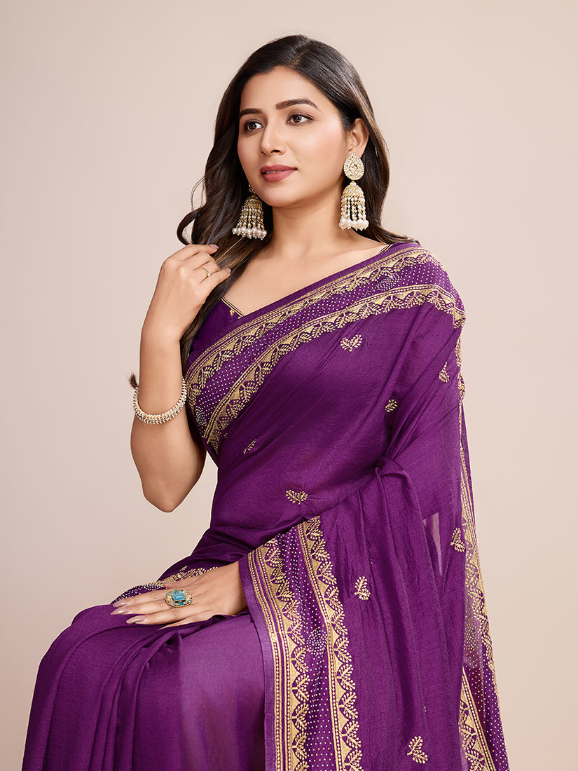 Monjolika Fashion Purple Vichitra Silk Classic Saree with Embroidered Work