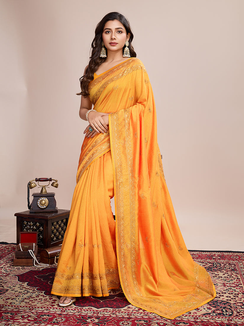 Monjolika Fashion Mustard Vichitra Silk Classic Saree with Embroidered Work