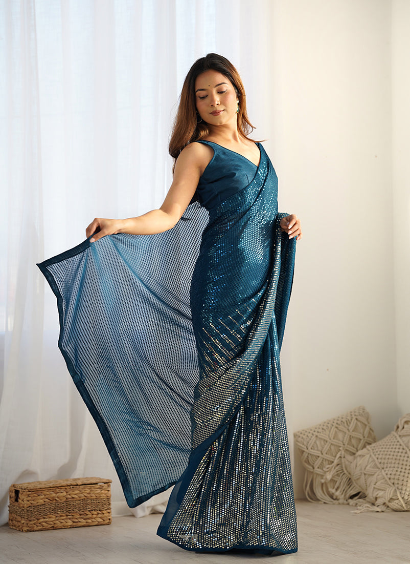 Monjolika Fashion Morpeach Georgette Party Wear Saree with Sequins Work