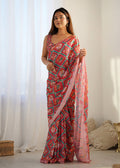 Monjolika Fashion Chinon Digital Print Classic Saree in Red