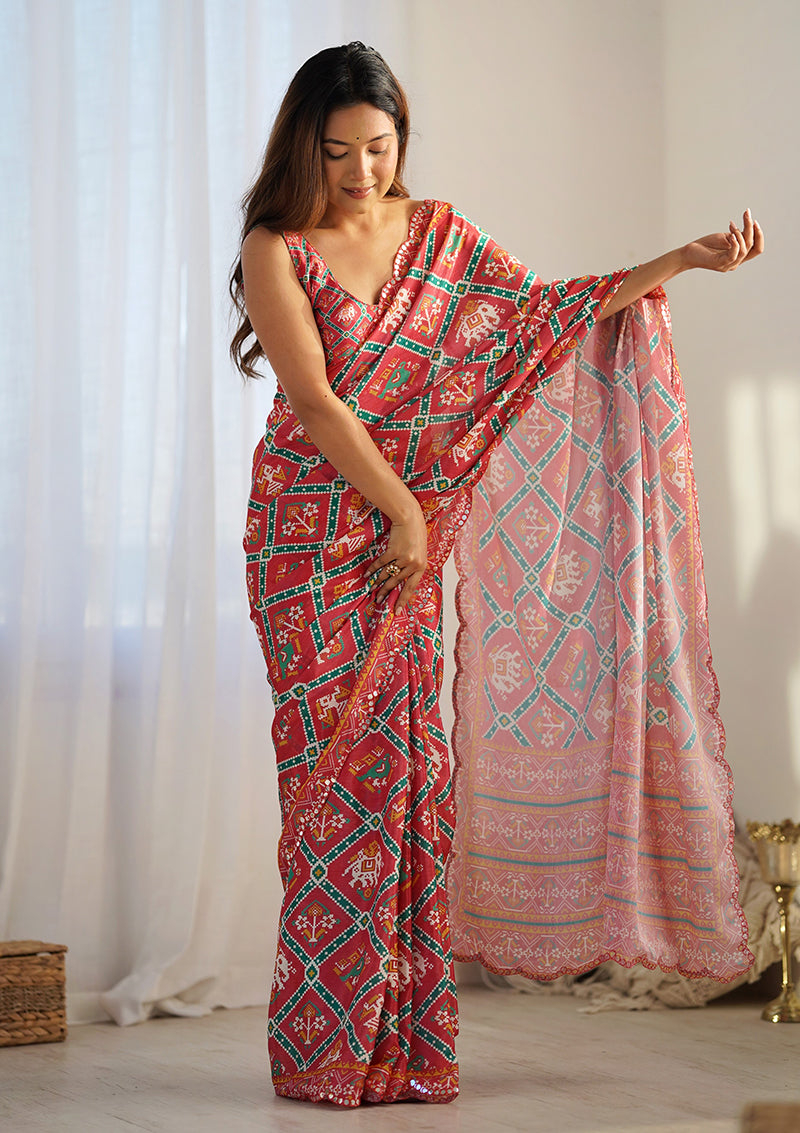 Monjolika Fashion Chinon Digital Print Classic Saree in Red