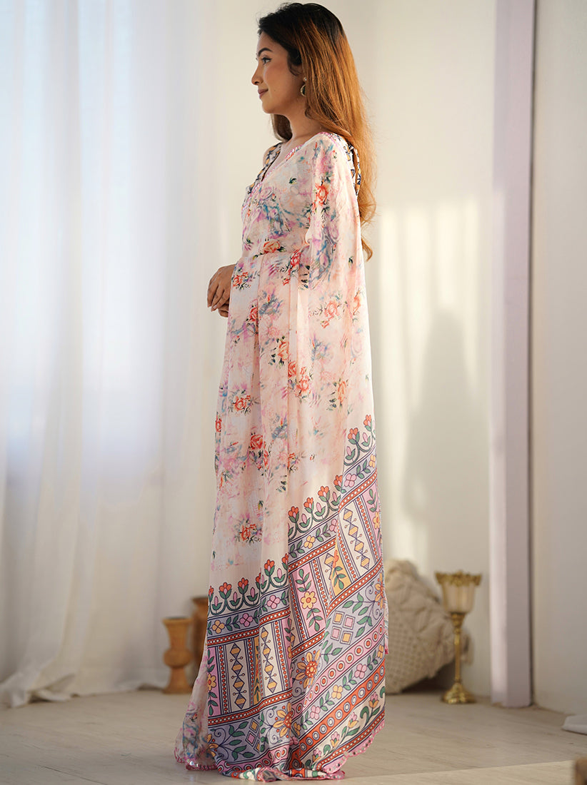 Monjolika Fashion Chinon Digital Print Classic Saree in Off White
